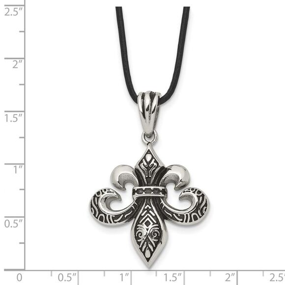 Stainless Steel & Leather Cord Antiqued Fleur de lis Necklace, 20 Inch - Picture 4 of 6